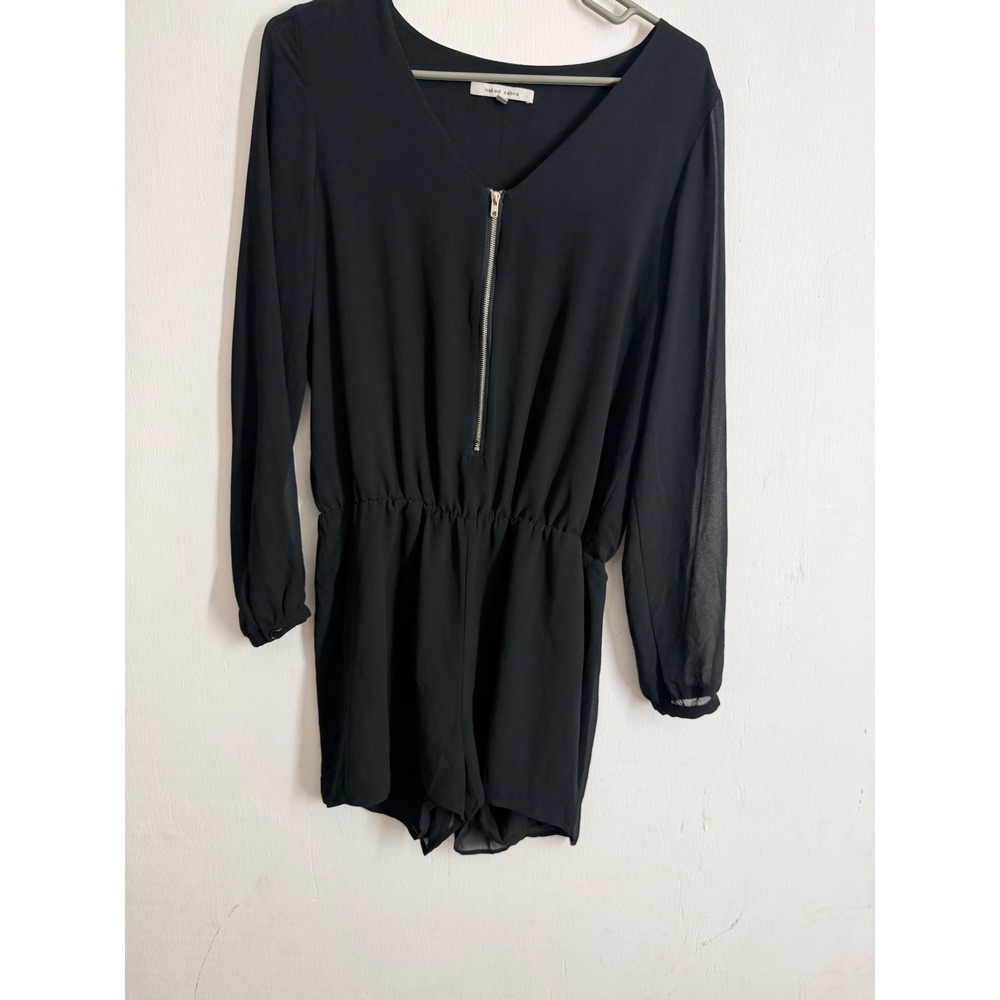 Naked Zebra Black Long Sleeve Romper V-Neck Front Zip Elastic Waist Size Medium